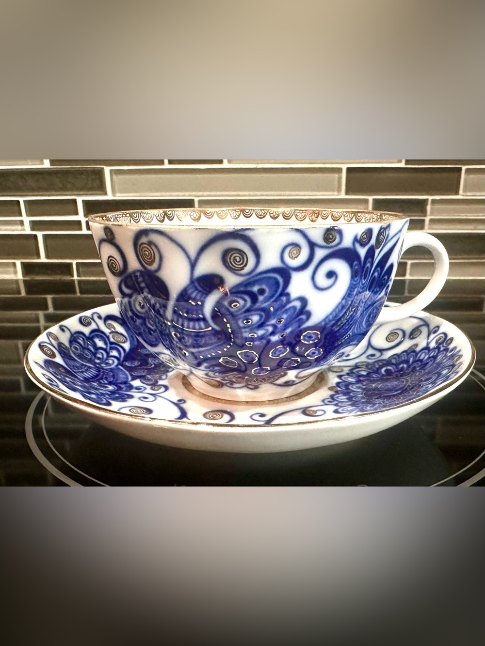VTG Imperial Lomonosov Tsar Bird Cobalt  LFZ Porcelain 22Kt Gold Teacup/Saucer